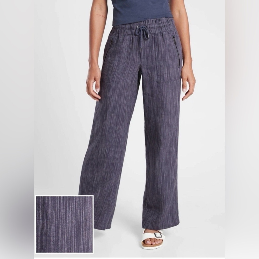 Athleta Cabo Linen Textured Wide Leg Pants Blue Flowy Beach Costal Athleisure